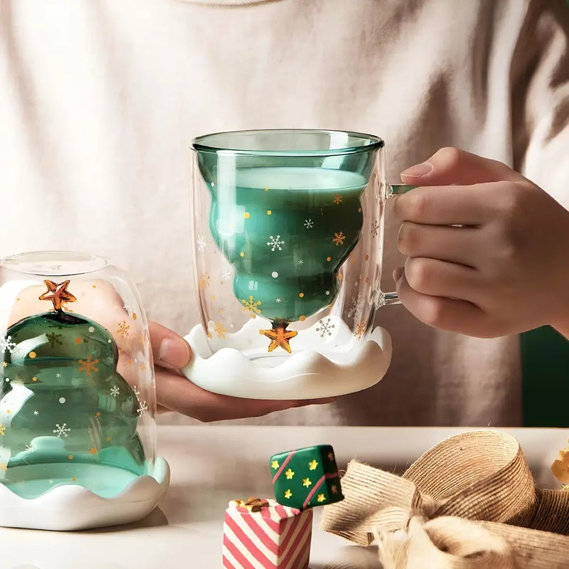 Caneca Árvore de Natal em Vidro Duplo com Tampa