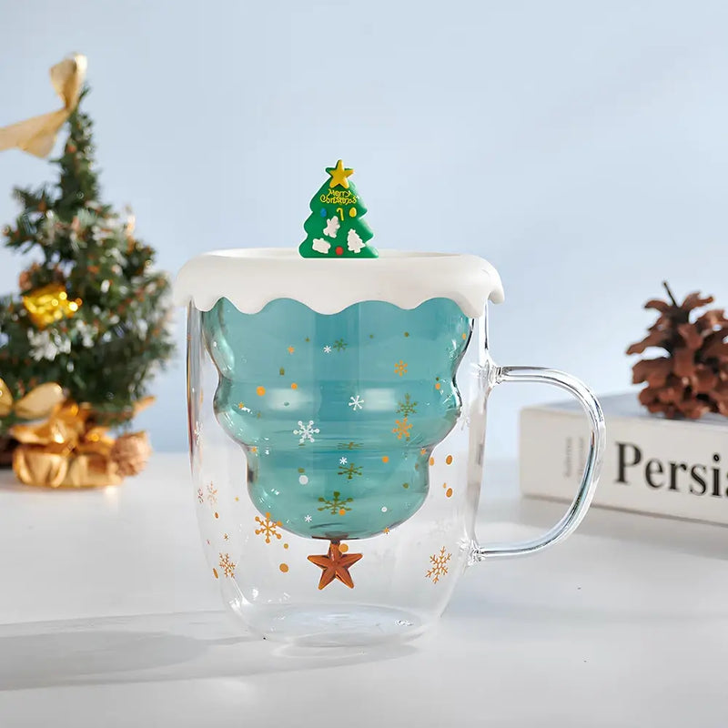 Caneca Árvore de Natal em Vidro Duplo com Tampa