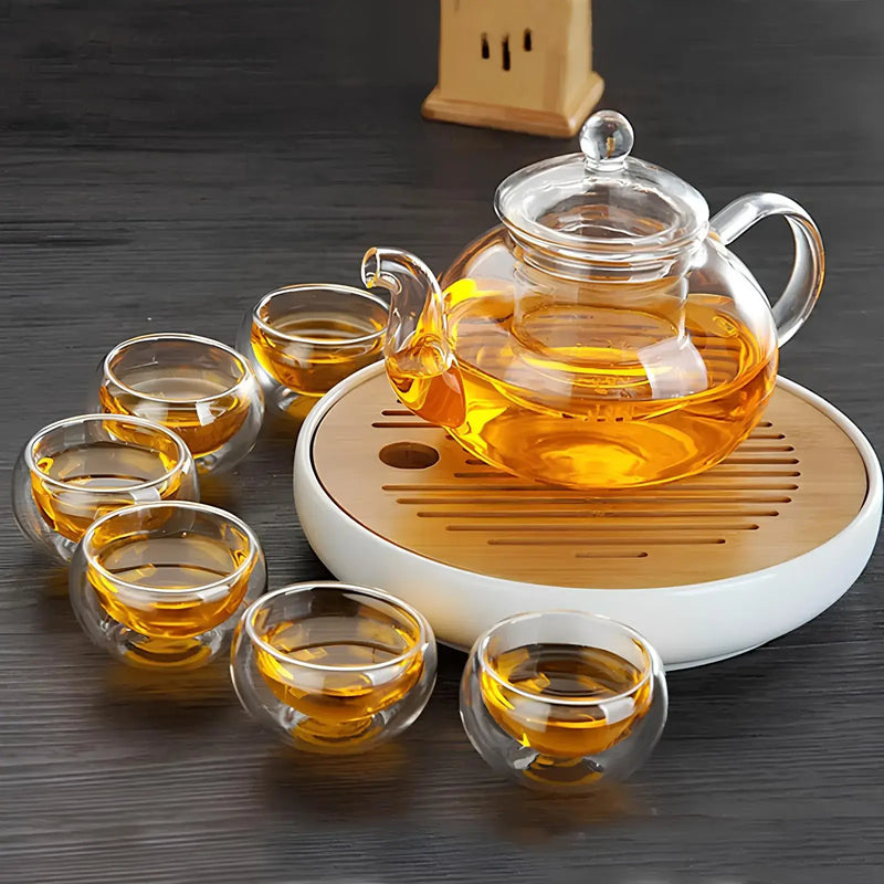 Conjunto Camellia Bule com Infusor para Chá e Copos em Vidro Duplo