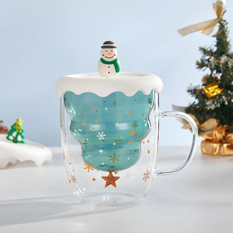 Caneca Árvore de Natal em Vidro Duplo com Tampa